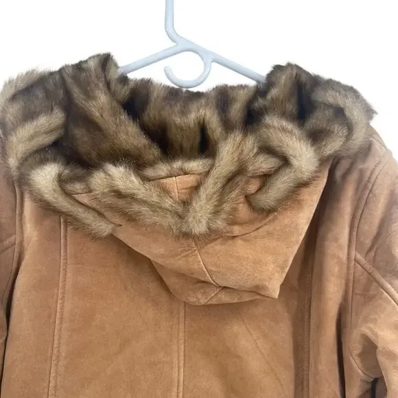 ✨ NWT Vintage Dennis Basso Suede Leather Faux Fur Lined Hooded Heavy Coat Medium - Picture 4 of 9